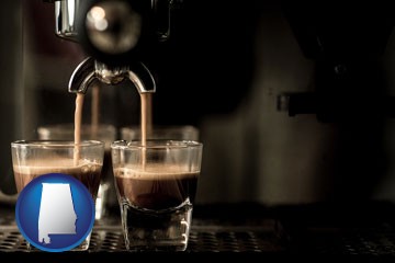 espresso machine brewing espresso shots - with Alabama icon