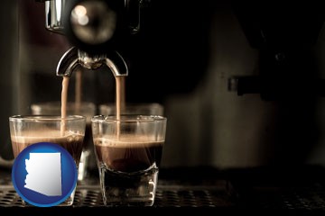 espresso machine brewing espresso shots - with Arizona icon