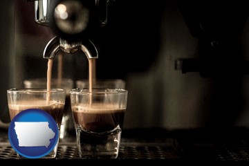 espresso machine brewing espresso shots - with Iowa icon