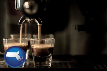 espresso machine brewing espresso shots - with Massachusetts icon