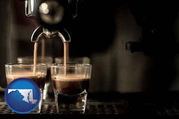 espresso machine brewing espresso shots - with Maryland icon