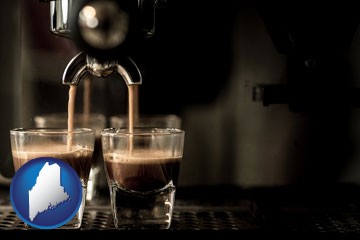 espresso machine brewing espresso shots - with Maine icon