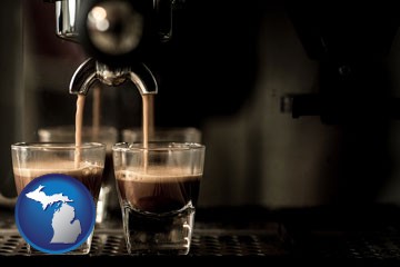 espresso machine brewing espresso shots - with Michigan icon