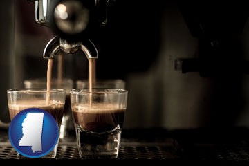 espresso machine brewing espresso shots - with Mississippi icon