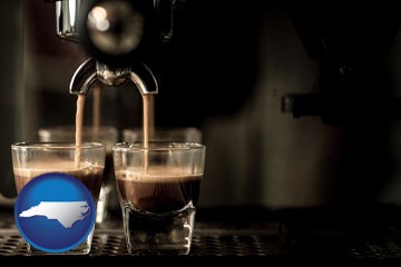 espresso machine brewing espresso shots - with North Carolina icon