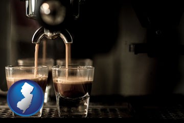 espresso machine brewing espresso shots - with New Jersey icon