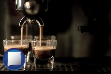 espresso machine brewing espresso shots - with New Mexico icon