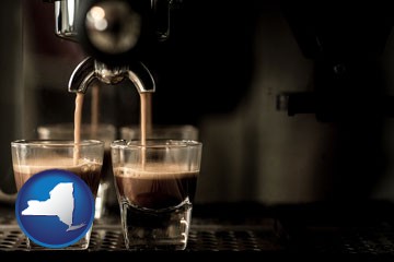 espresso machine brewing espresso shots - with New York icon