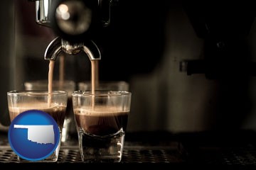 espresso machine brewing espresso shots - with Oklahoma icon