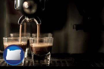 espresso machine brewing espresso shots - with Oregon icon