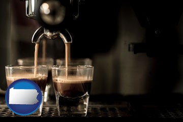 espresso machine brewing espresso shots - with Pennsylvania icon