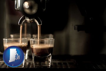 espresso machine brewing espresso shots - with Rhode Island icon