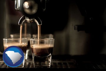 espresso machine brewing espresso shots - with South Carolina icon