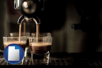 espresso machine brewing espresso shots - with Utah icon