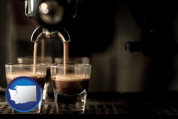 espresso machine brewing espresso shots - with Washington icon