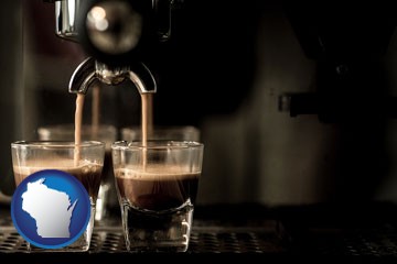 espresso machine brewing espresso shots - with Wisconsin icon