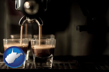 espresso machine brewing espresso shots - with West Virginia icon