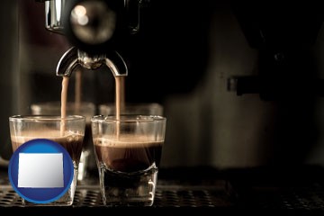 espresso machine brewing espresso shots - with Wyoming icon